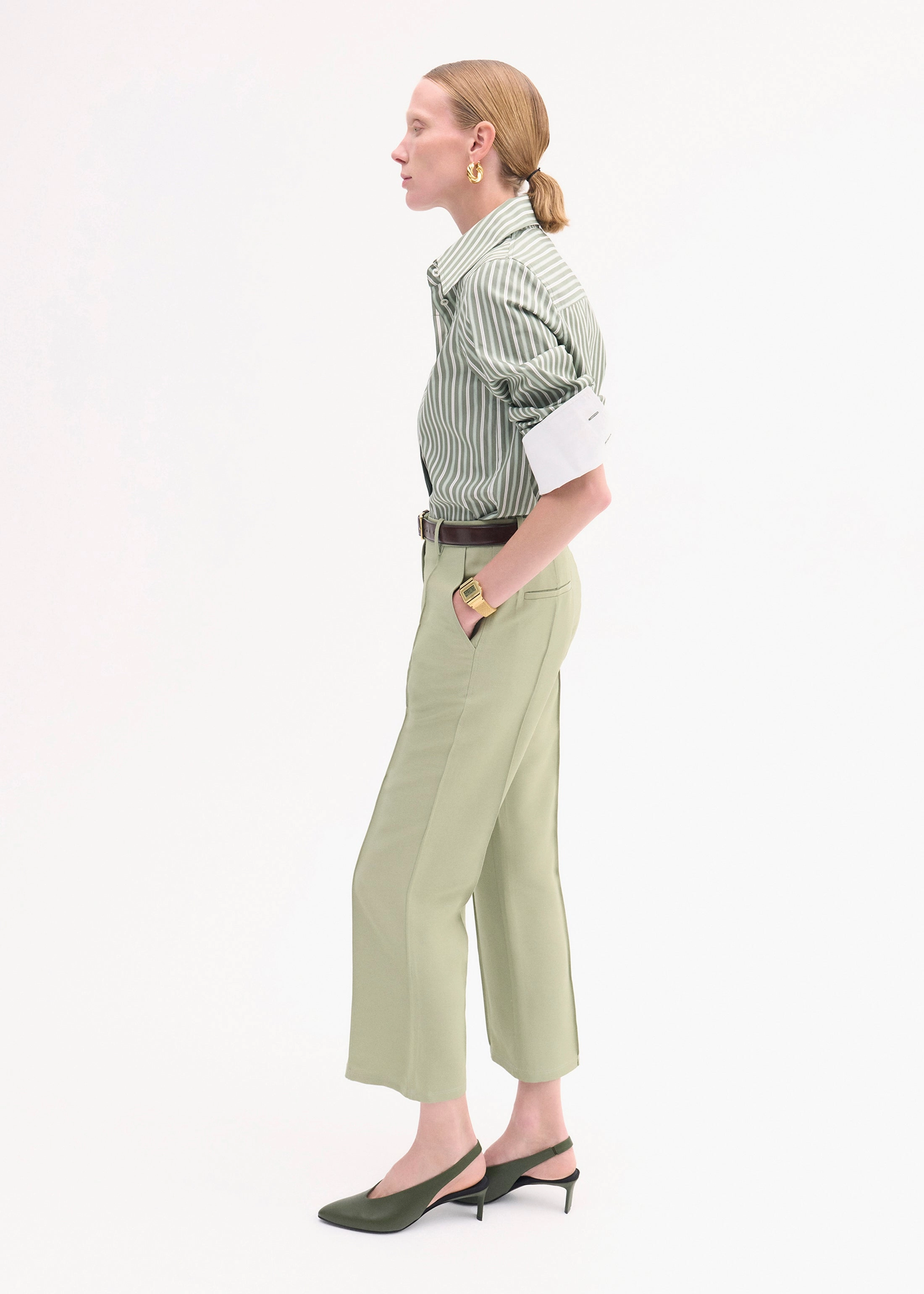 Pointed Slingback Leather Heel In Olive Smart Casual Clean-Motion System