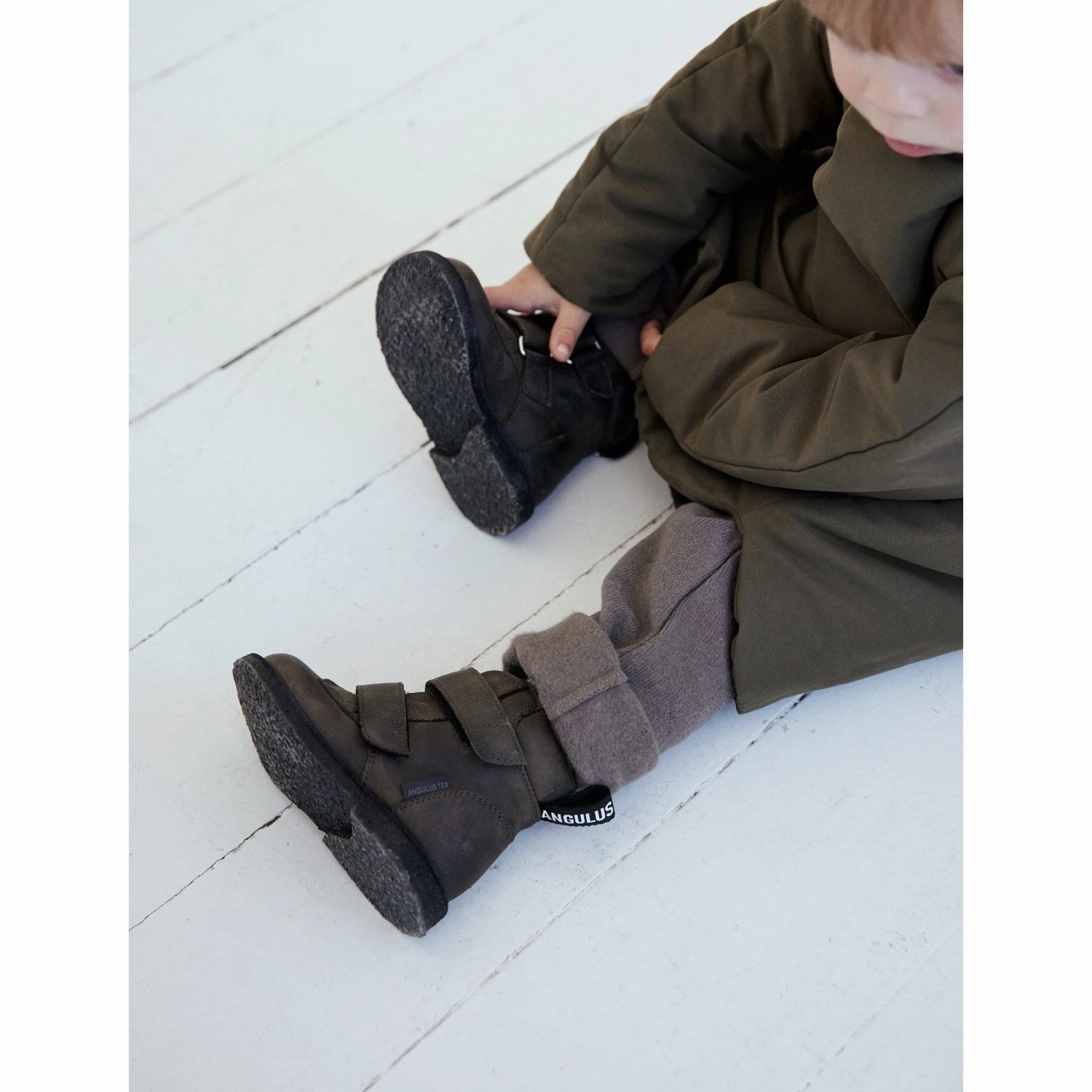 Angulus Dark Olive Beginner Tex Boot With Logo Tape And Velcro Closure Crafted Minimal