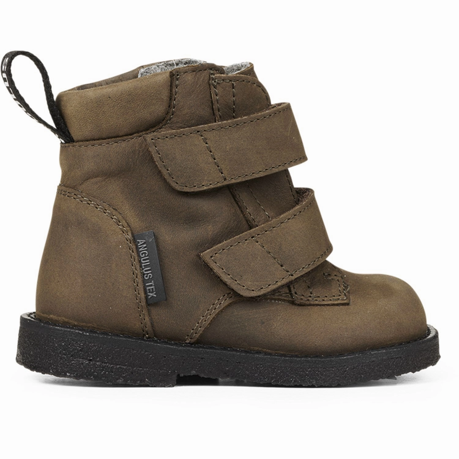 Angulus Dark Olive Beginner Tex Boot With Logo Tape And Velcro Closure Form In Action