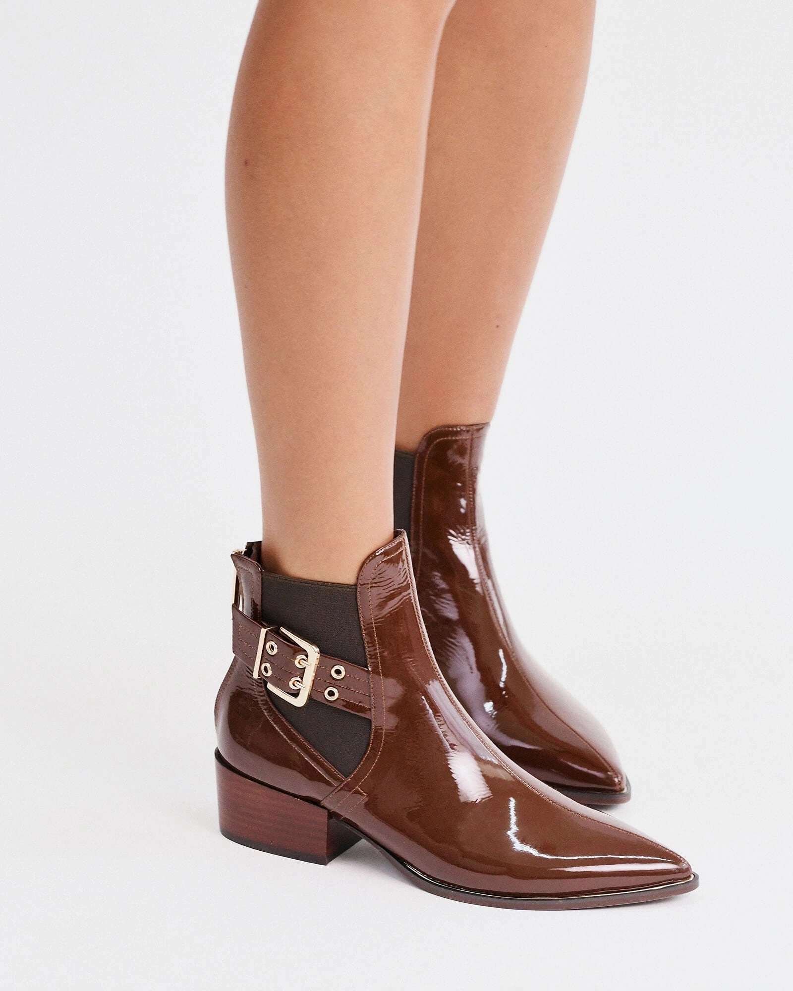 Built To Breathe River Flat Ankle Boots Dark Choc Crinkle Patent