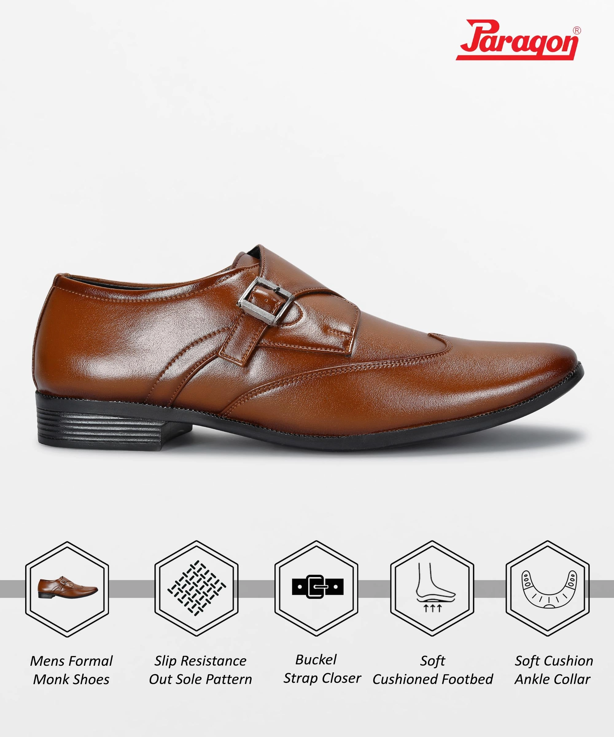 Pure Lines Future-Ready Fit Paragon Men'S Tan Formal Shoes With Buckle| Durable & Sturdy For Outdoor Wear