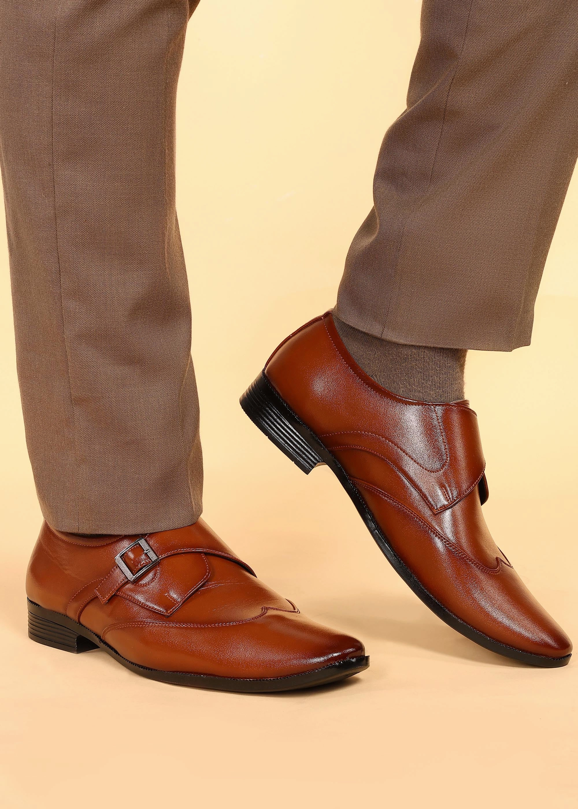 Adaptive Edge Paragon Men'S Tan Formal Shoes With Buckle| Durable & Sturdy For Outdoor Wear