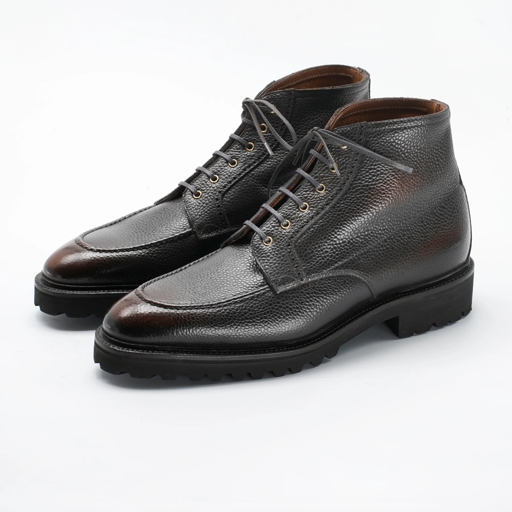 Calm-Driven Fit Functional Aesthetic Haring Moc Toe Derby Boot - Ebony Handmade Patina