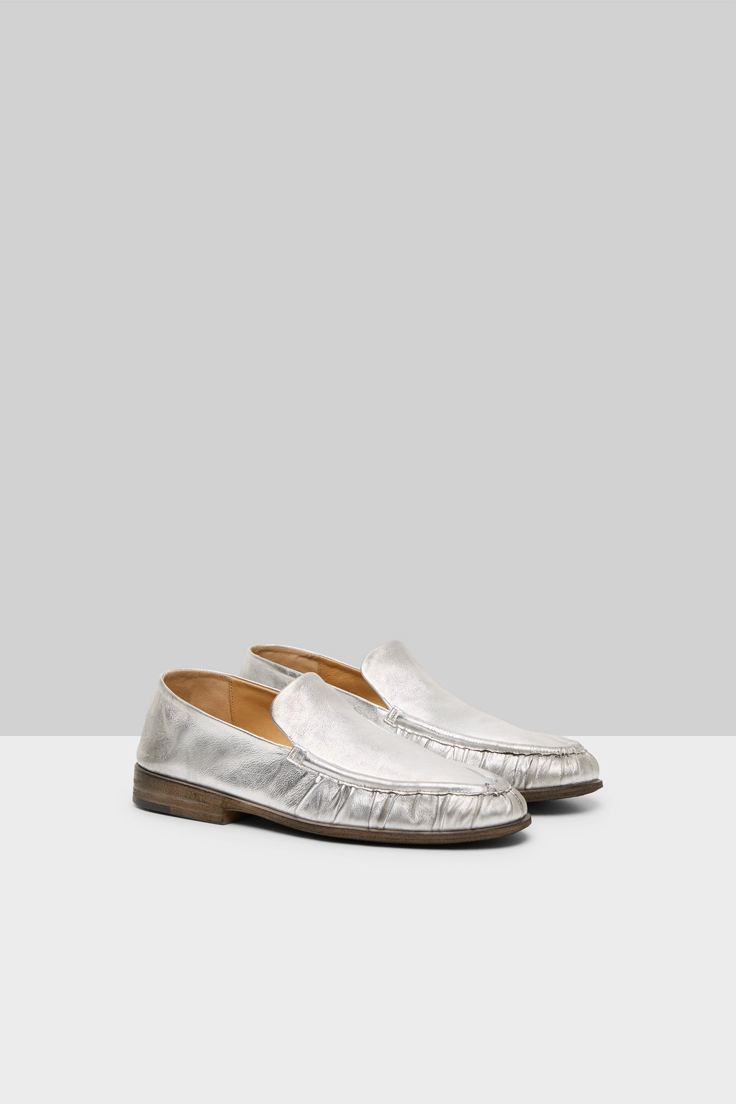 Go-Everywhere Laminated Leather Loafer Shoe In Silver Foil