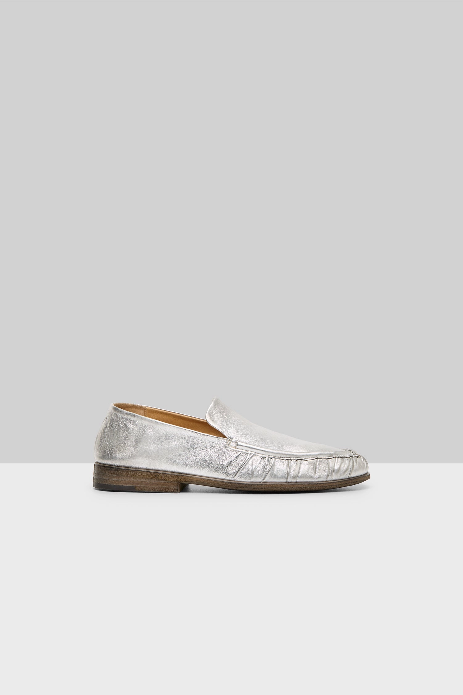 Laminated Leather Loafer Shoe In Silver Foil Cool And Clean Live Refined