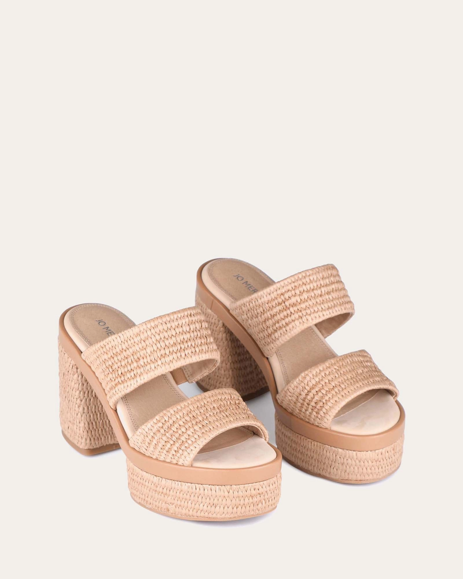 Felicity High Heel Platform Sandals Tan Raffia Layered Motion Cool Fit System