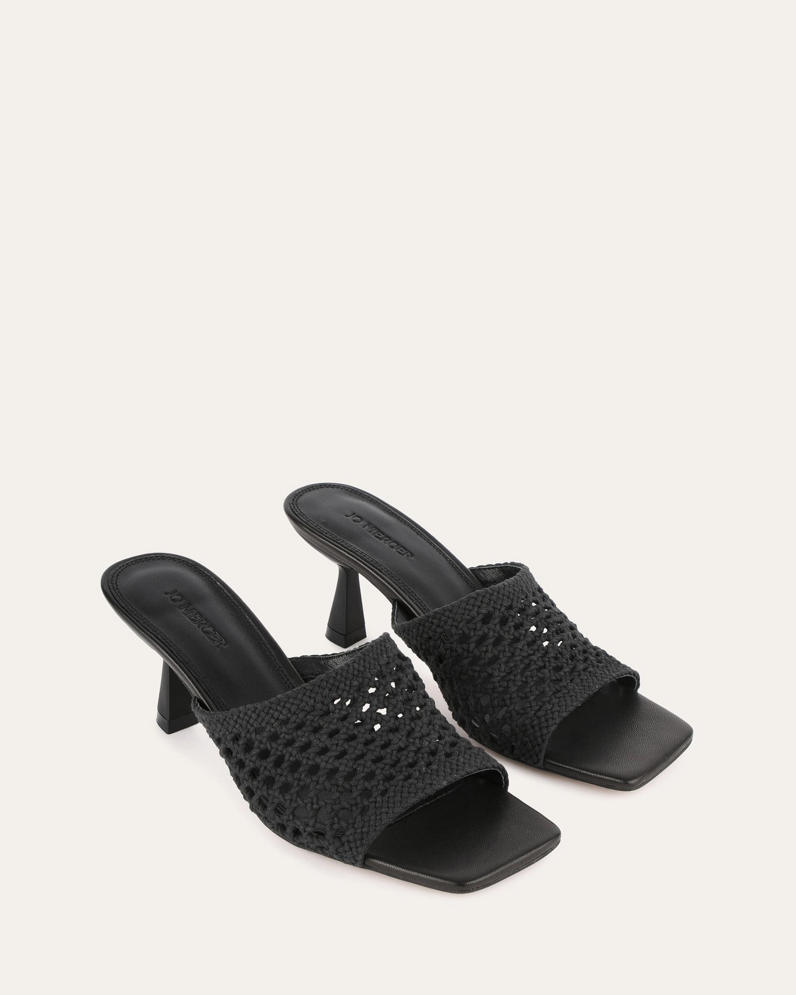 Jordyn Mid Heel Sandals Black Textile Engineered Profile