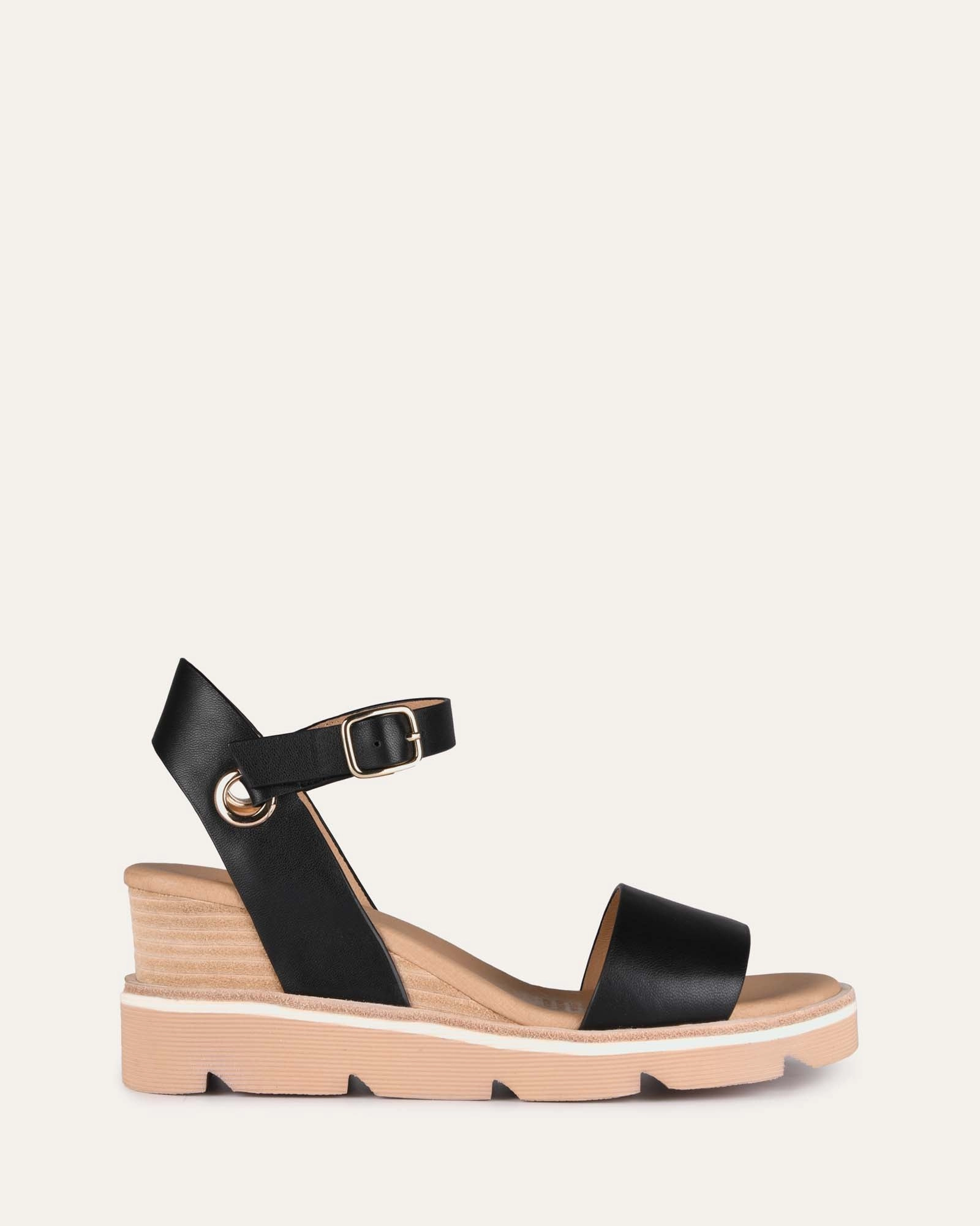Explore With Ease Essentials In Motion Katie Mid Heel Wedge Sandals Black Leather