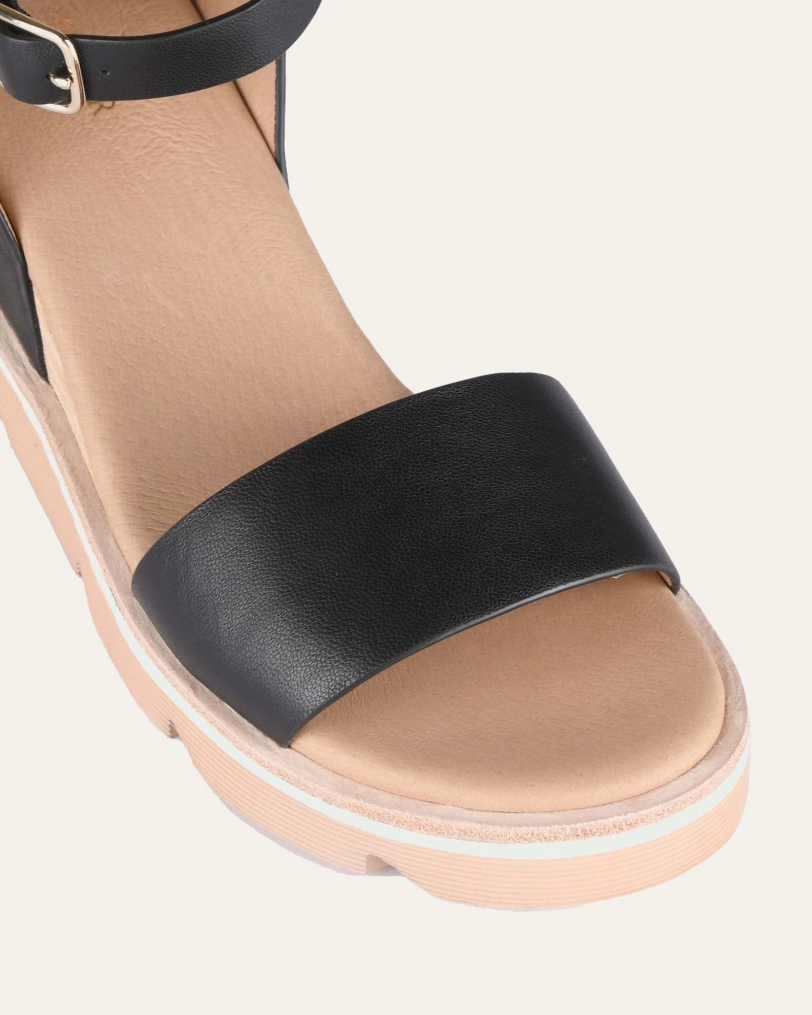 Katie Mid Heel Wedge Sandals Black Leather Subtle Style Gear