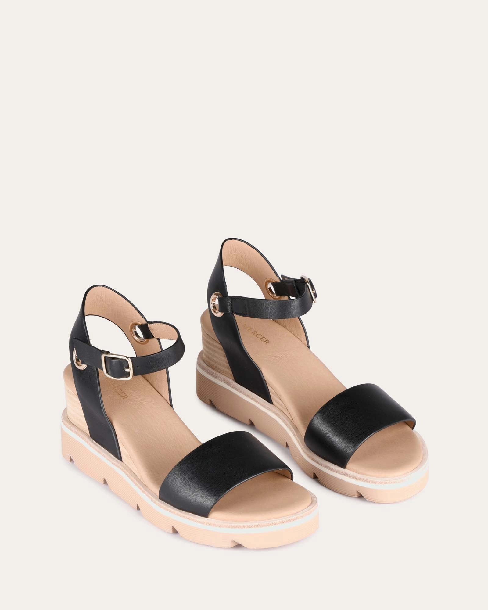Katie Mid Heel Wedge Sandals Black Leather Core-Centric