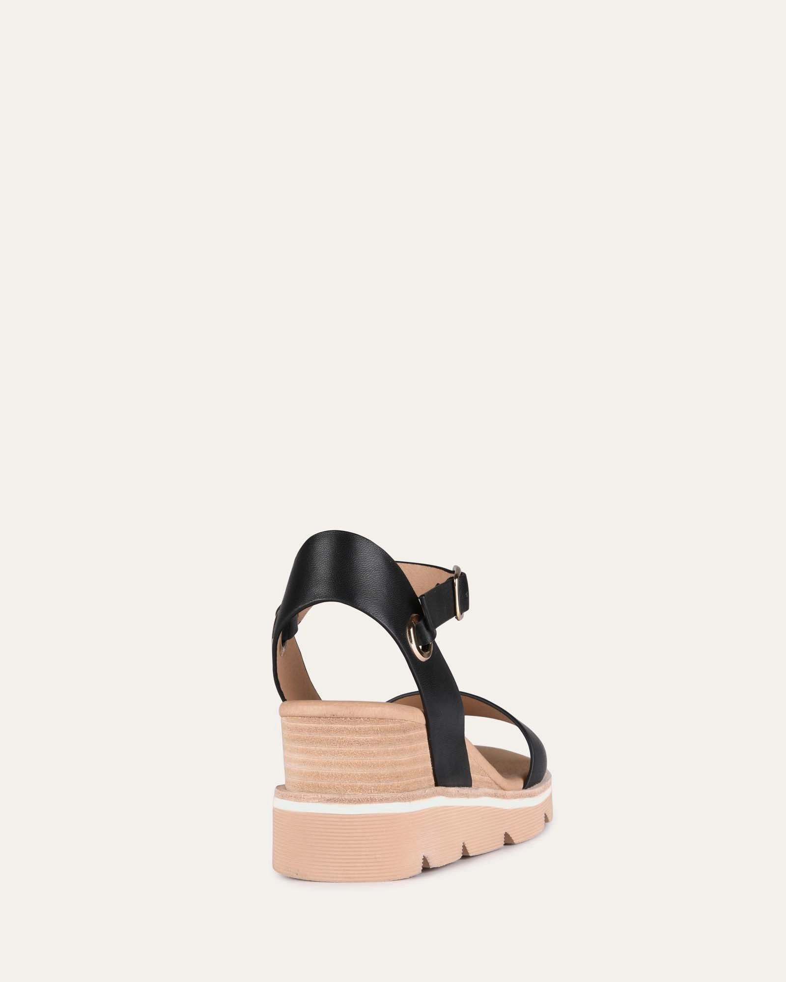 Everyday Uniform Katie Mid Heel Wedge Sandals Black Leather