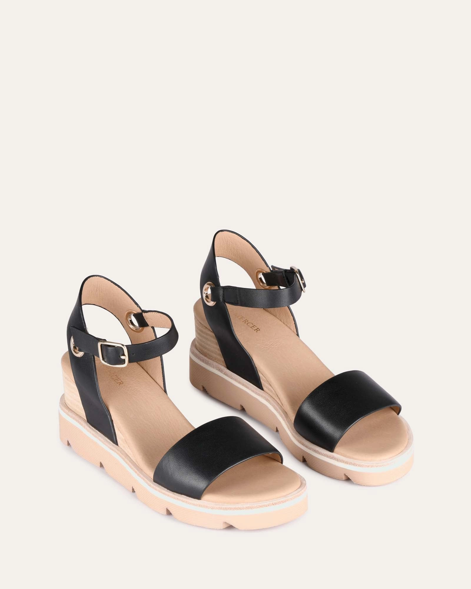 Katie Mid Heel Wedge Sandals Black Leather Movement-Inspired Elevated Basics
