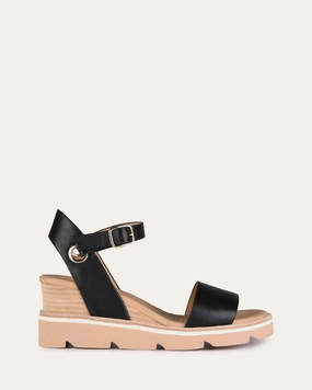 Explore With Ease Essentials In Motion Katie Mid Heel Wedge Sandals Black Leather