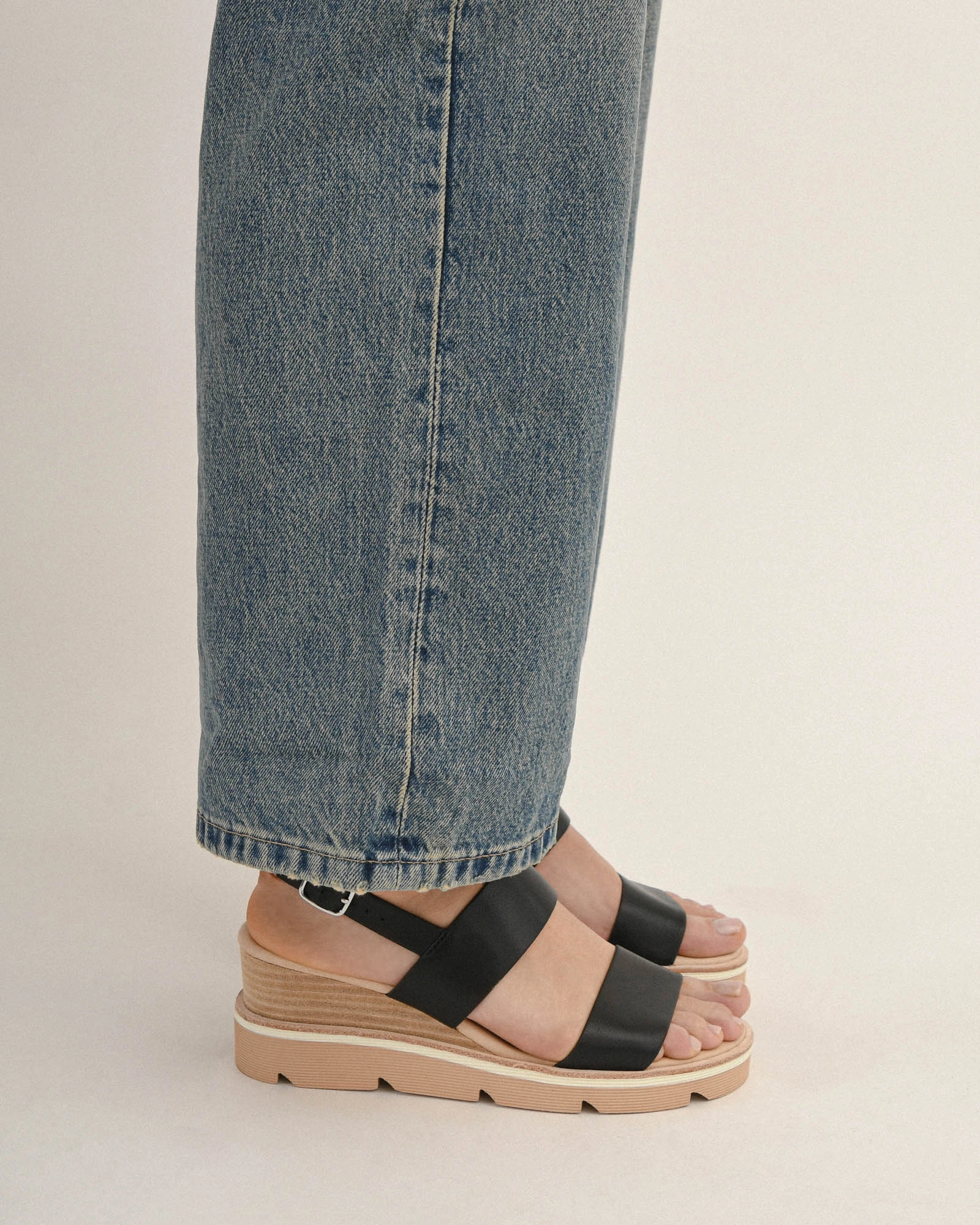 Kinney Wedge Sandal Black Leather Anywhere Utility Movement Layers