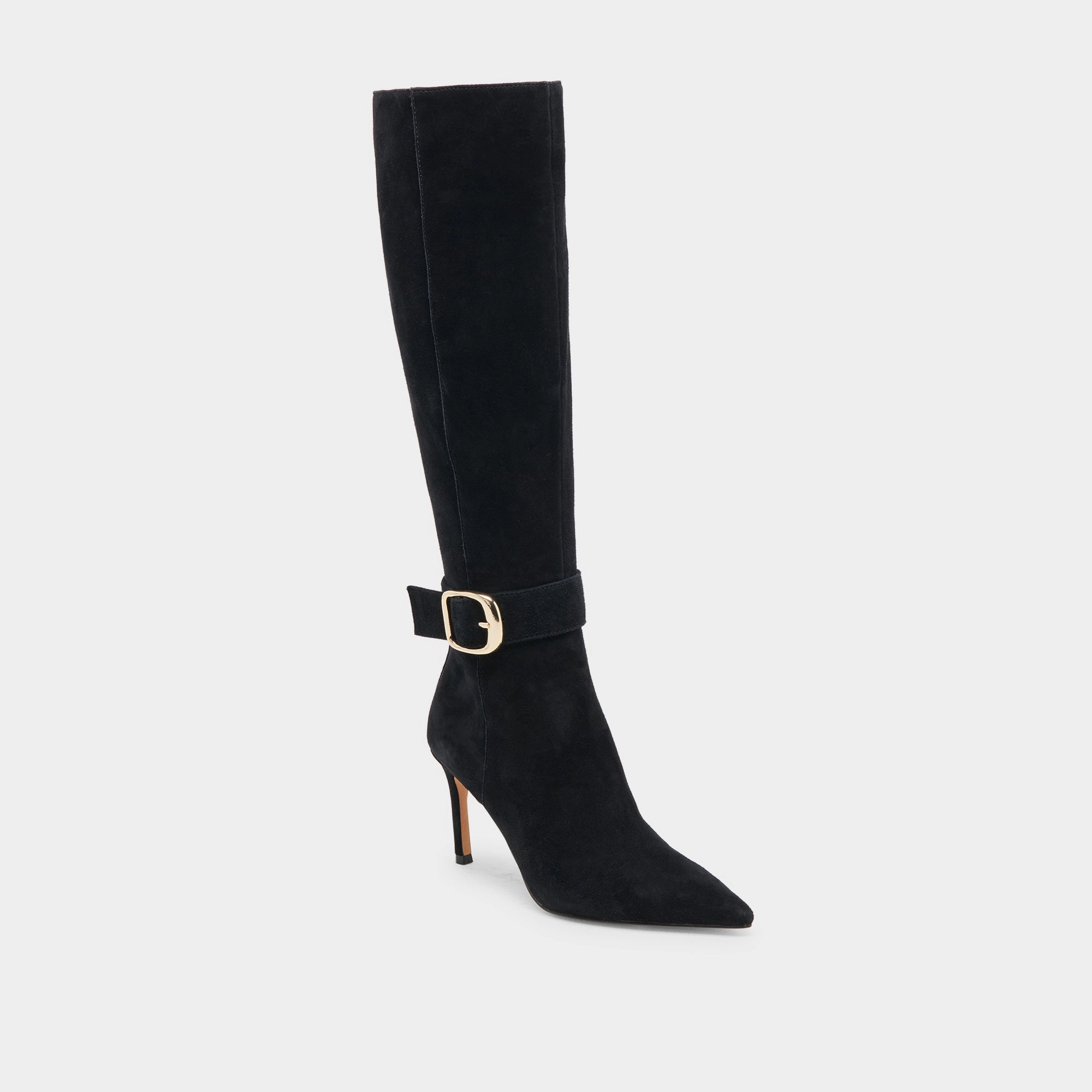 Kinzy Wide Calf Boots Onyx Suede Layered Motion Fluid Profile