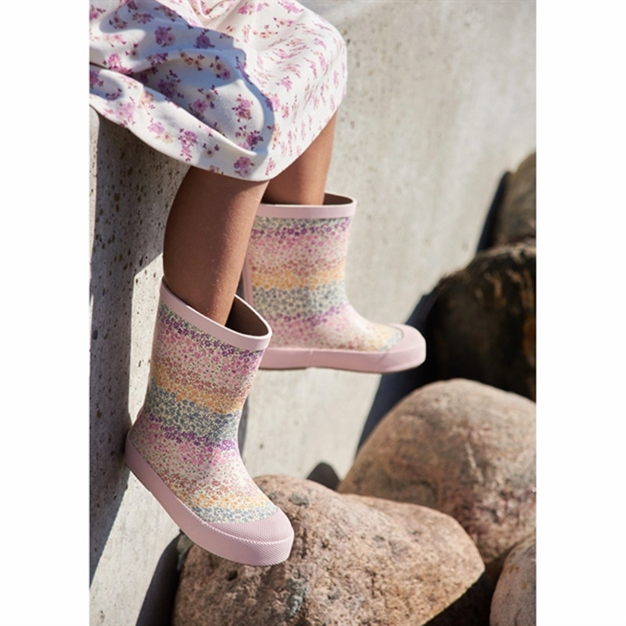 Wheat Rubber Boot Print Muddy Rainbow Flowers Elevated Basics
