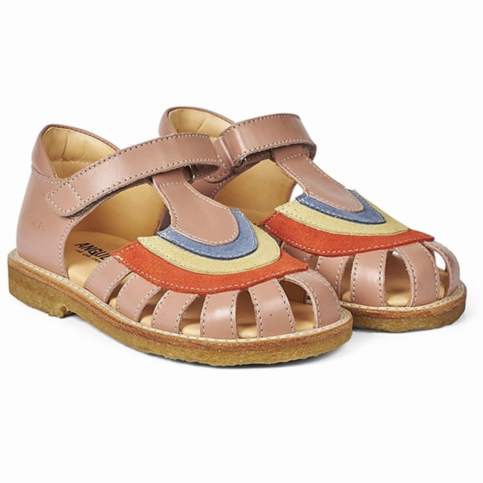 Angulus Sandal W. Rainbow And Velcro Dark Peach/Coral/Yellow/Blue Effortless Edge New Classics