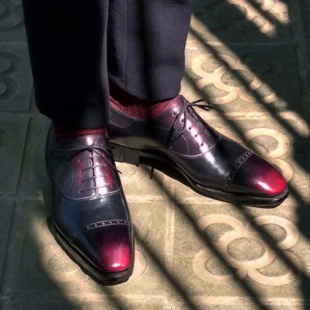 Layer Light Mario Oxford Shoe - Black And Bordeaux Patina