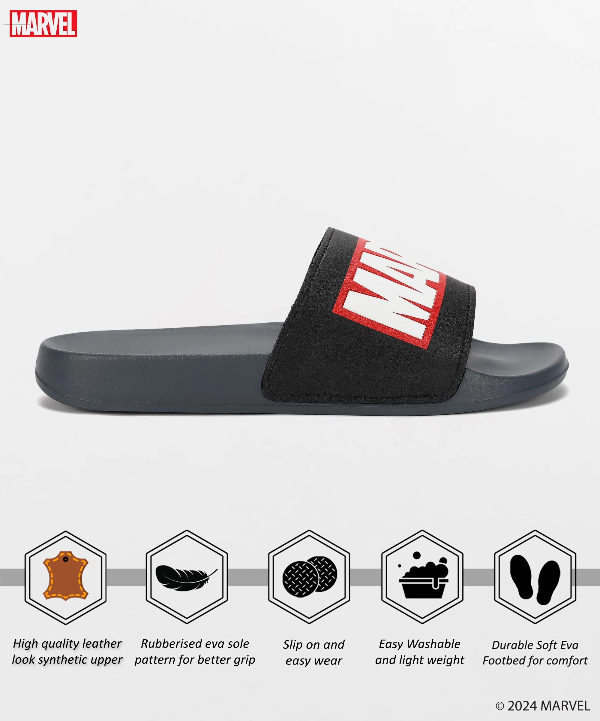 Marvel Evmk10922G Men'S Black Sliders | Trendy Sliders With Durable & Cushioned Sole Construction | Waterproof & Lightweight, Perfect For Everyday Casual Wear Your Move Gear Soft Urban Core