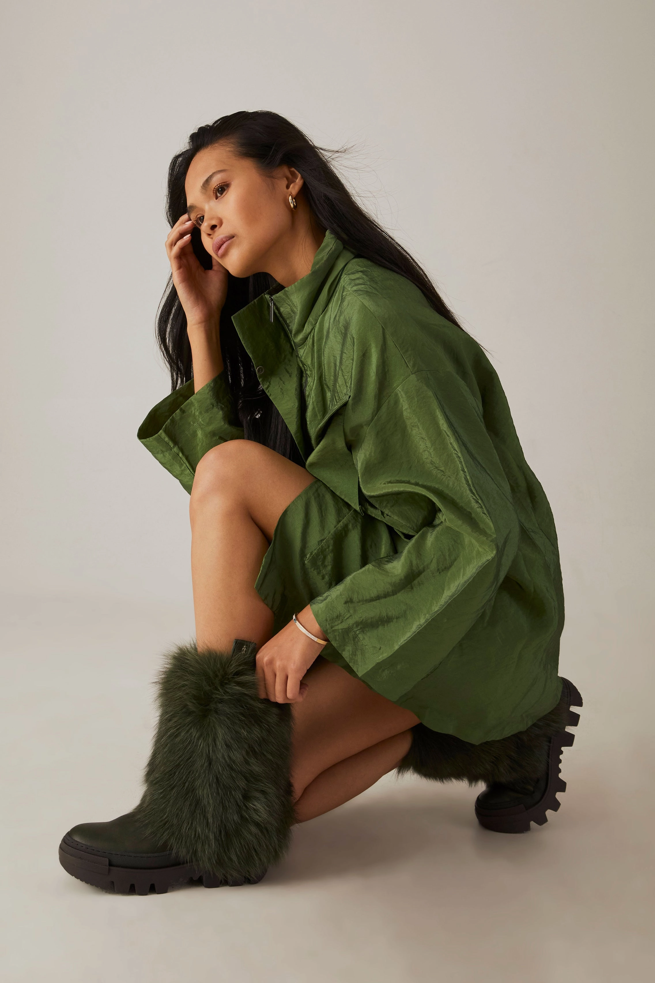 Messico Tall Leather Boot With Long Fur In Menta Sleek Mindset Easy Fit System
