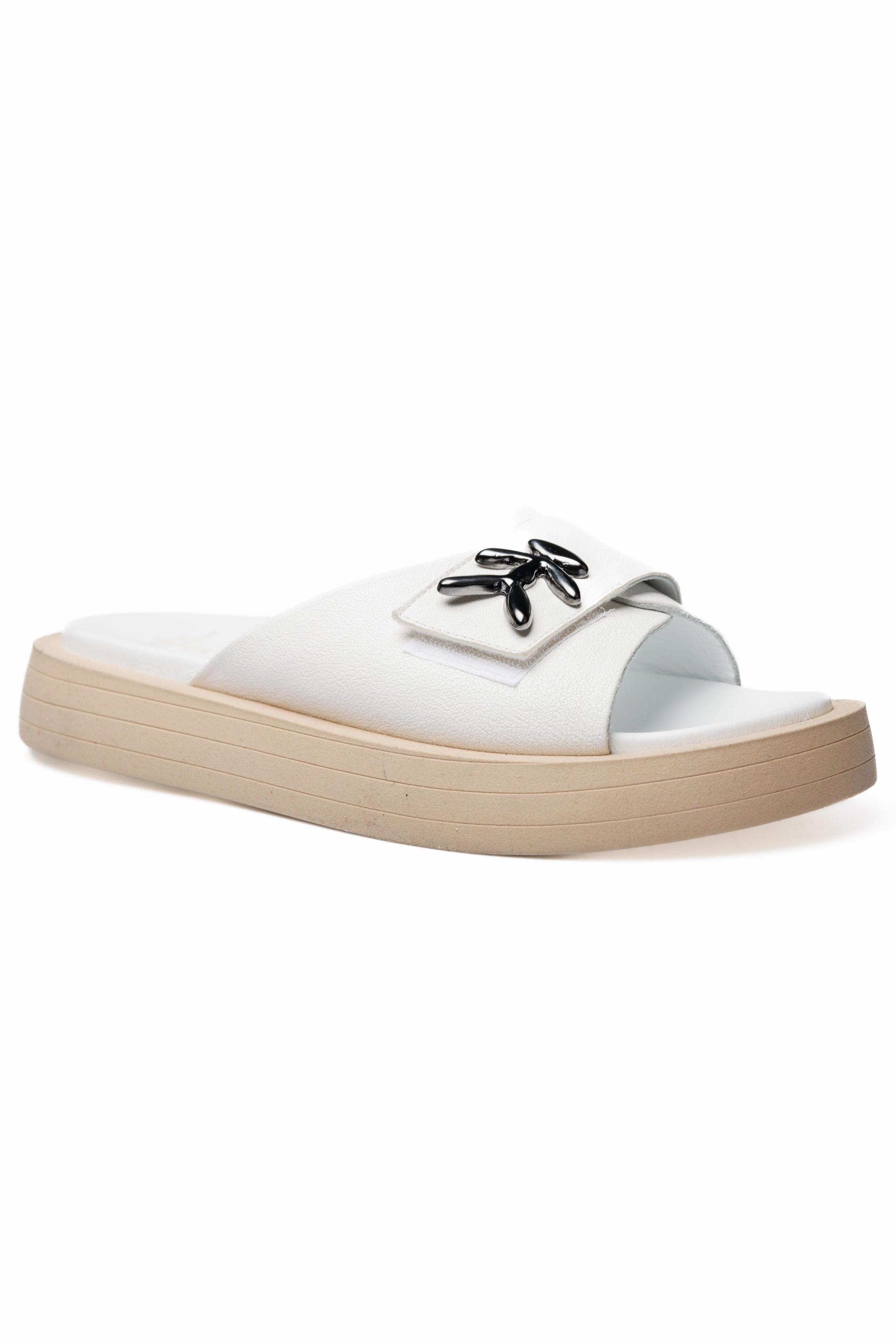 Shift Into Ease Old Iron Leather Slides In Bianco