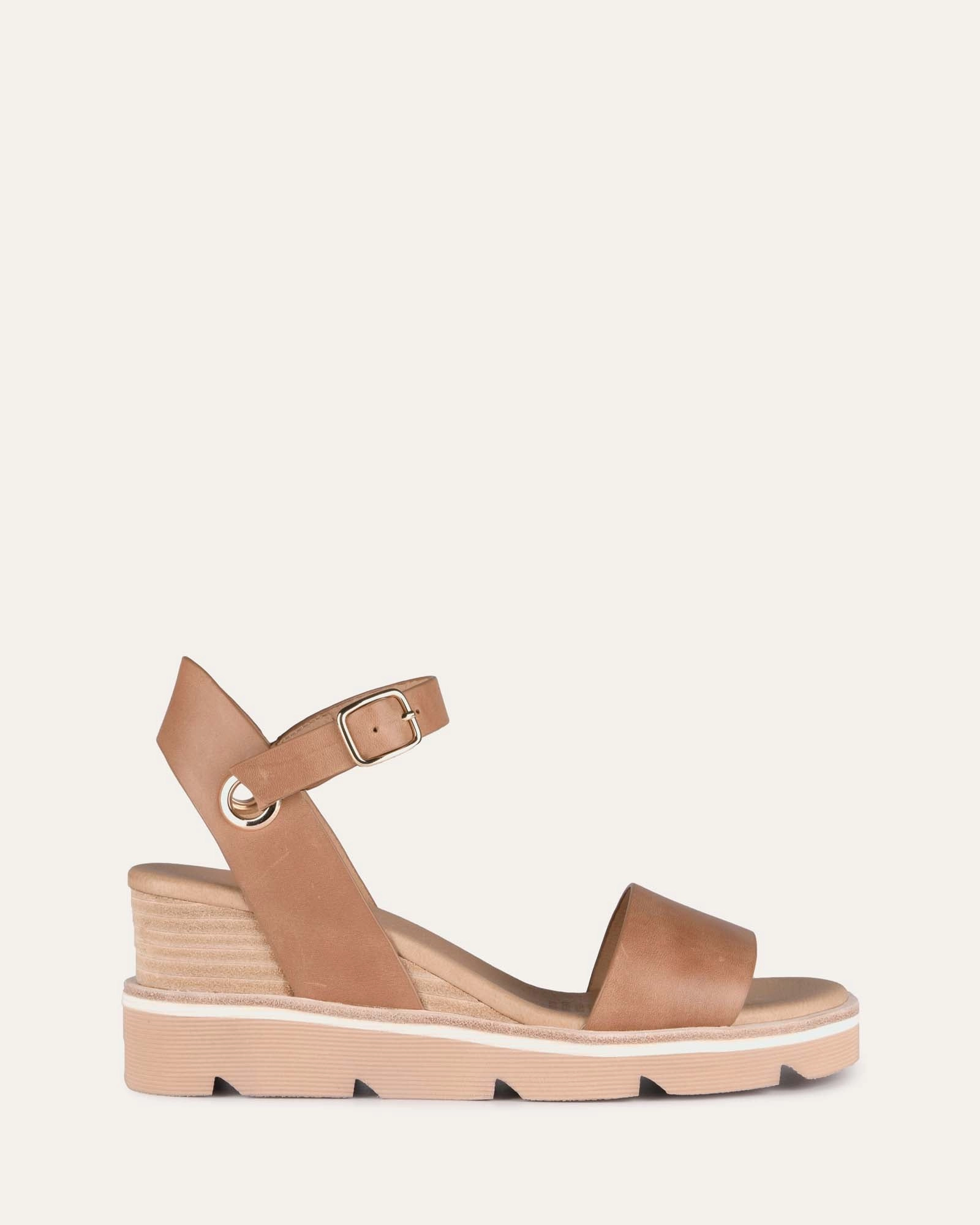 Refined Feel Katie Mid Heel Wedge Sandals Tan Leather