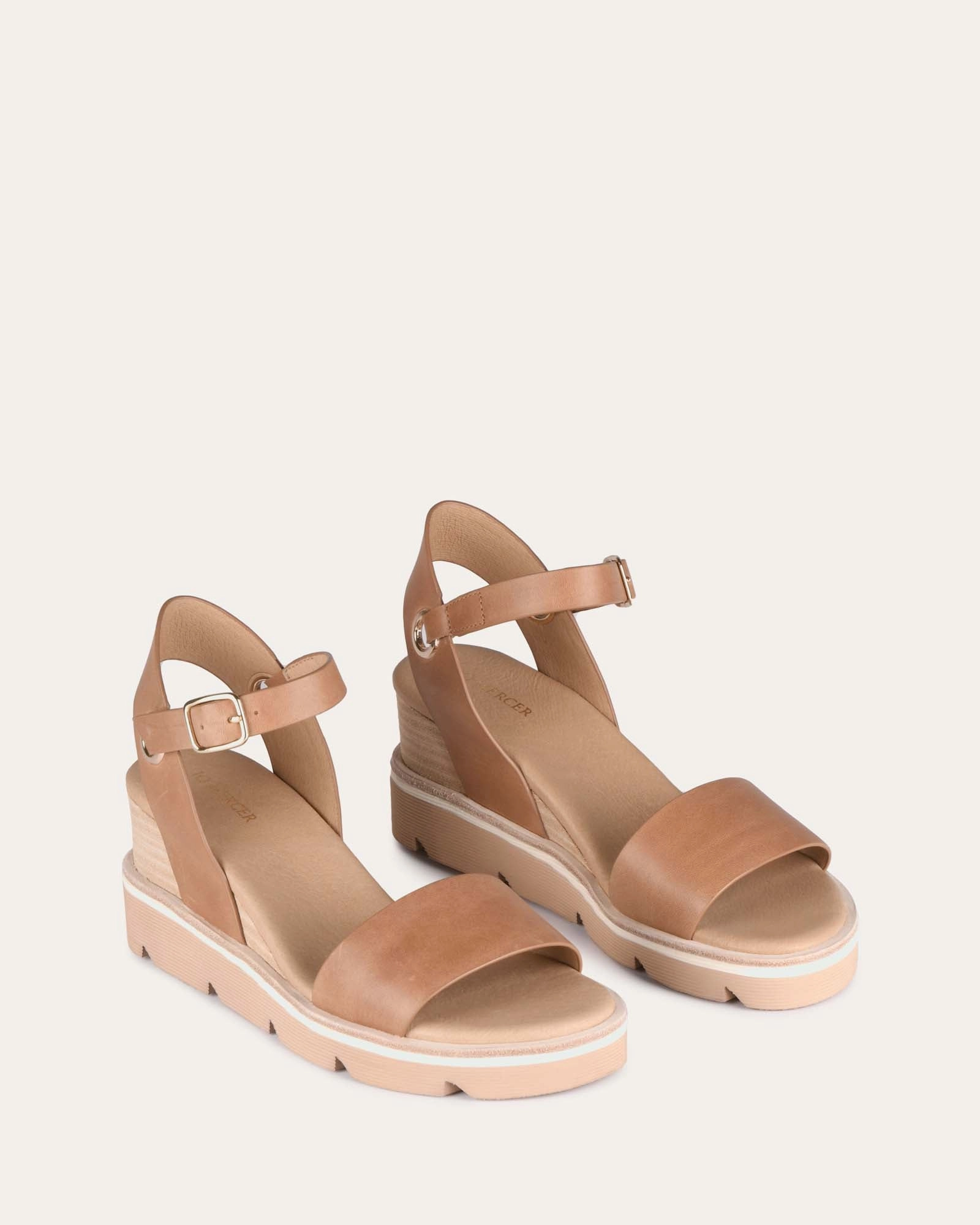 Katie Mid Heel Wedge Sandals Tan Leather Cool Minimalism Edge In Motion
