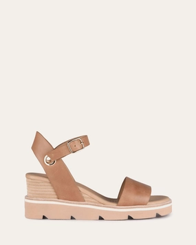 Katie Mid Heel Wedge Sandals Tan Leather Ready-To-Flow Cool Motion