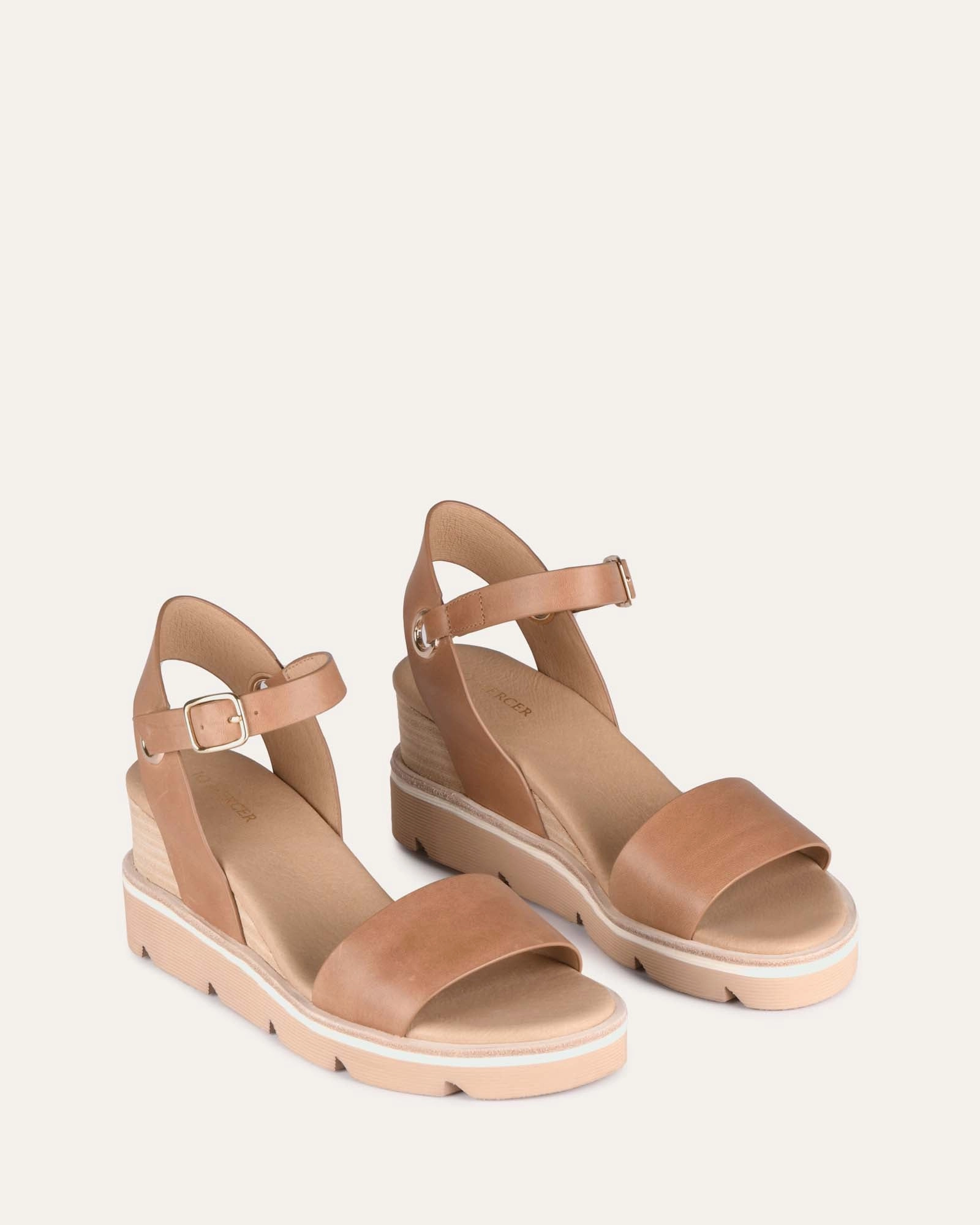 Katie Mid Heel Wedge Sandals Tan Leather Low-Profile Style