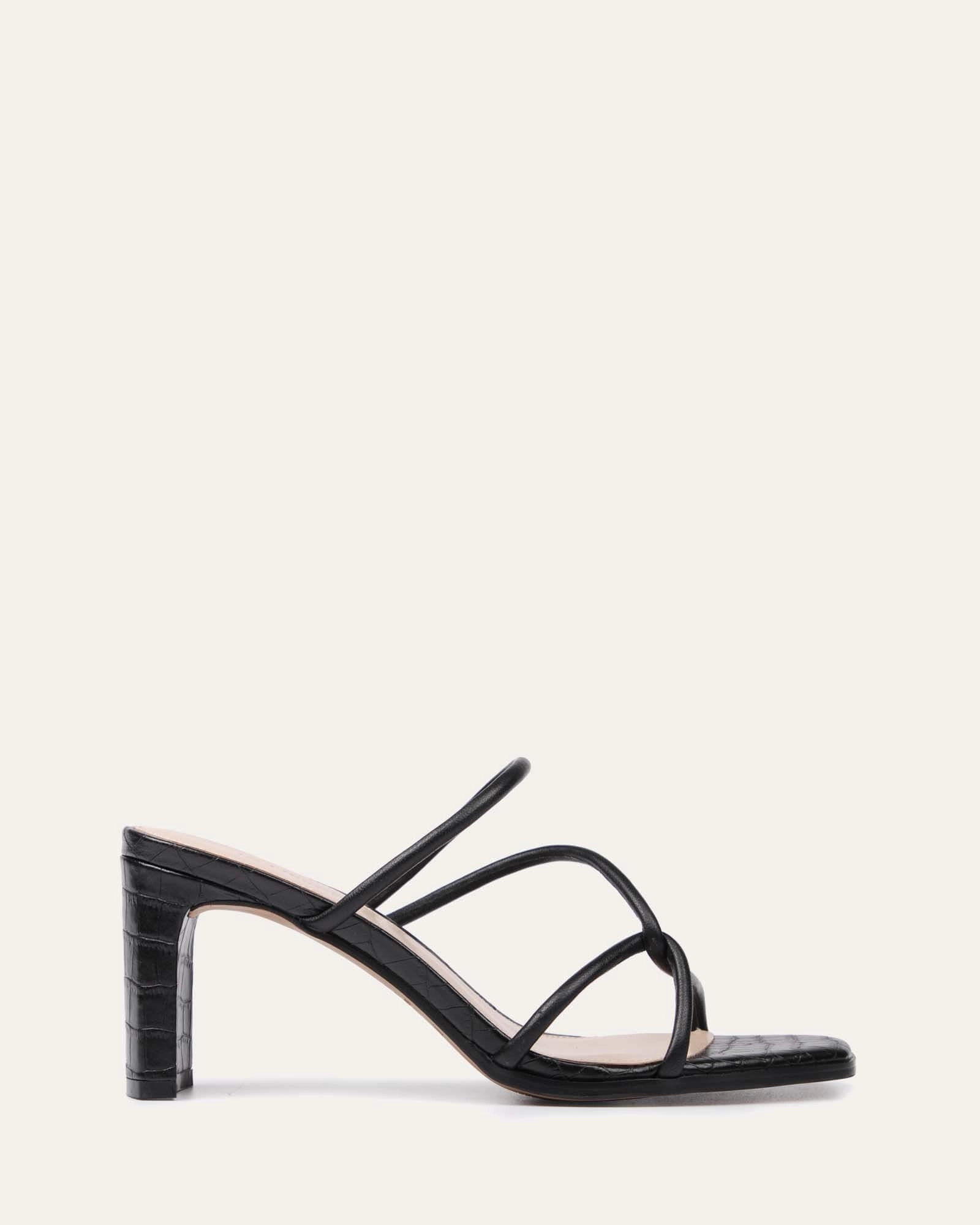 Novi Mid Heel Sandals Black Leather Vibe-Centered