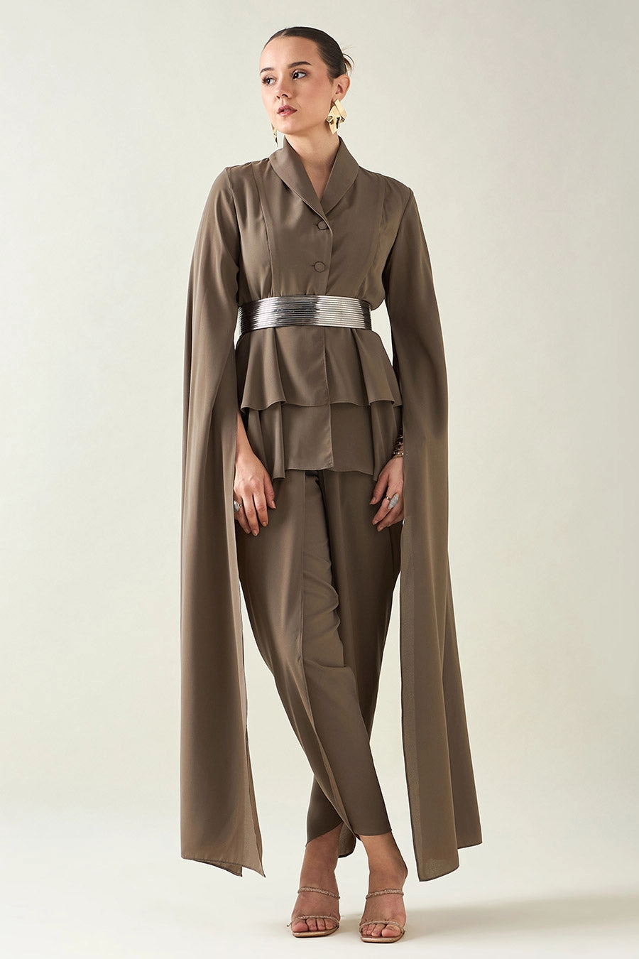 Olive Blazer Co-Ord Set With Metallic Finish Belt