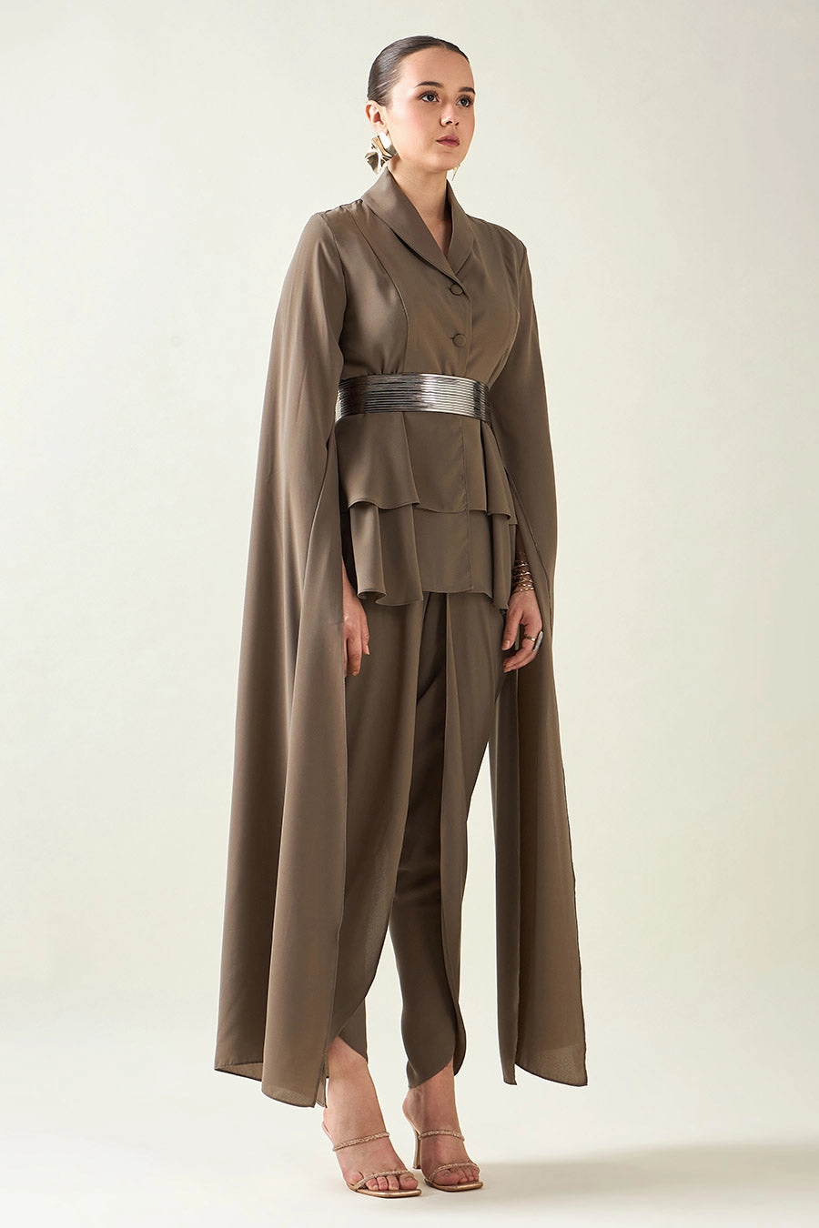 Olive Blazer Co-Ord Set With Metallic Finish Belt