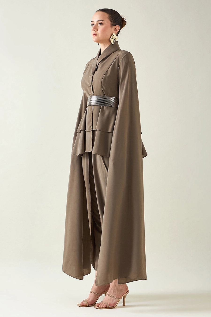 Olive Blazer Co-Ord Set With Metallic Finish Belt