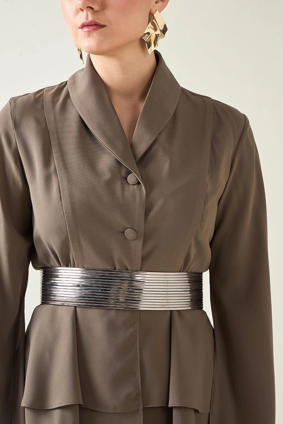 Olive Blazer Co-Ord Set With Metallic Finish Belt