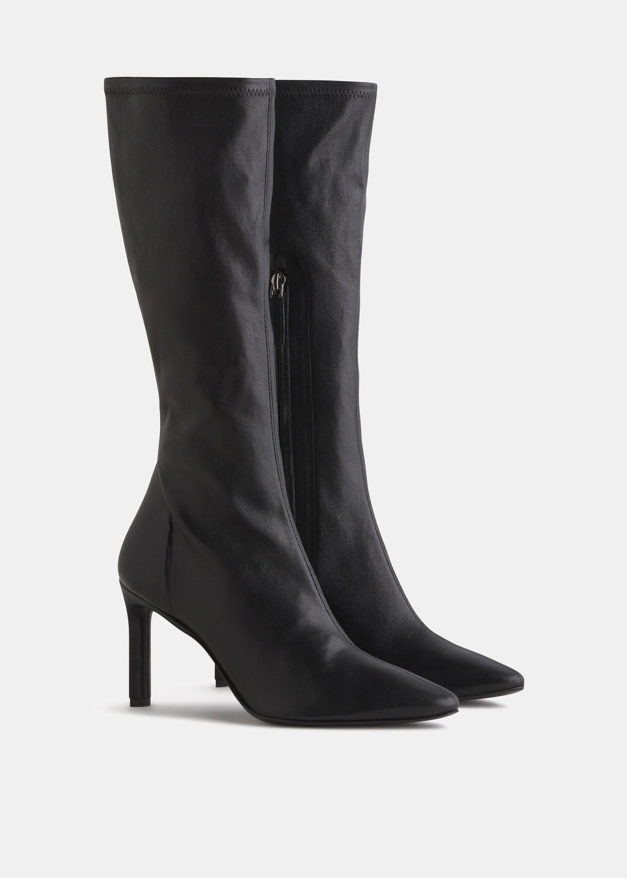 Streamline Your Day Pointed Stretch Leather Heel Boot In Black