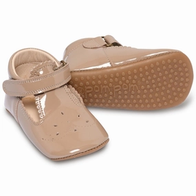 Elevated Basics Subtle Style Gear Pom Pom Indoor Shoes Ballerina T-Bar Latte Patent
