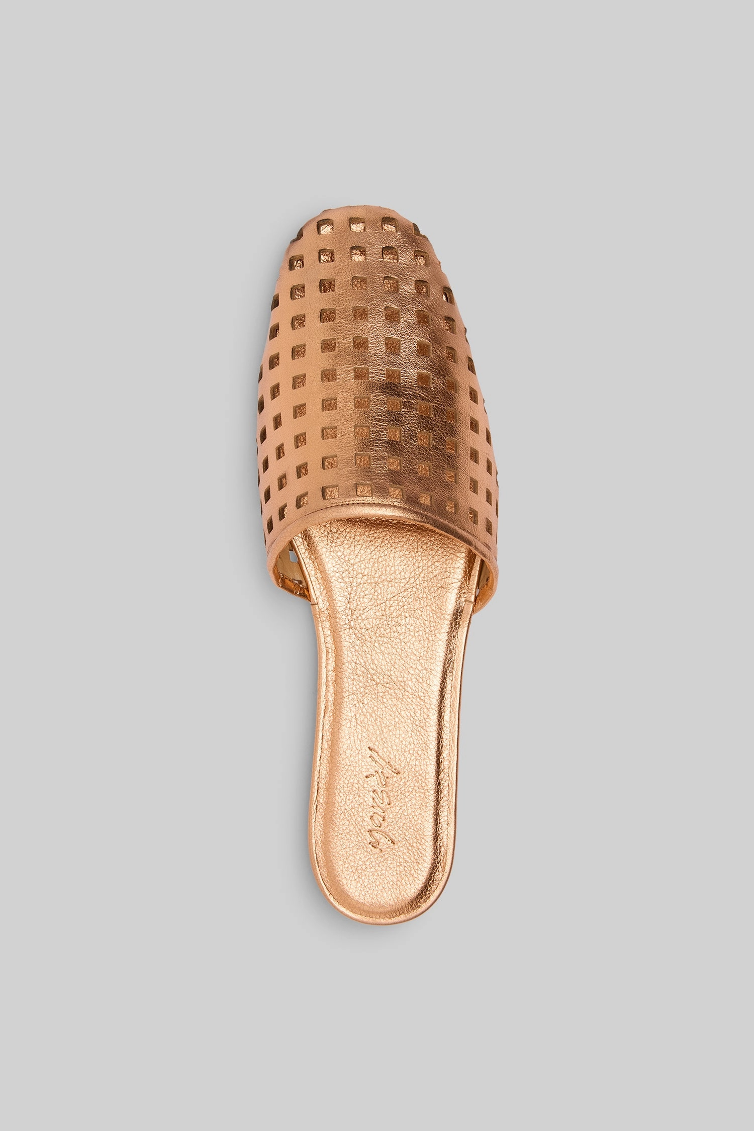 Seasonless Energy Easy Layering Distesa Forata Leather Mule Sandal In Copper Foil