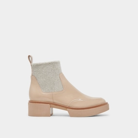 Purpose-First Outfit Balanced Design Saline H2O Wide Booties Dune Crinkle Patent