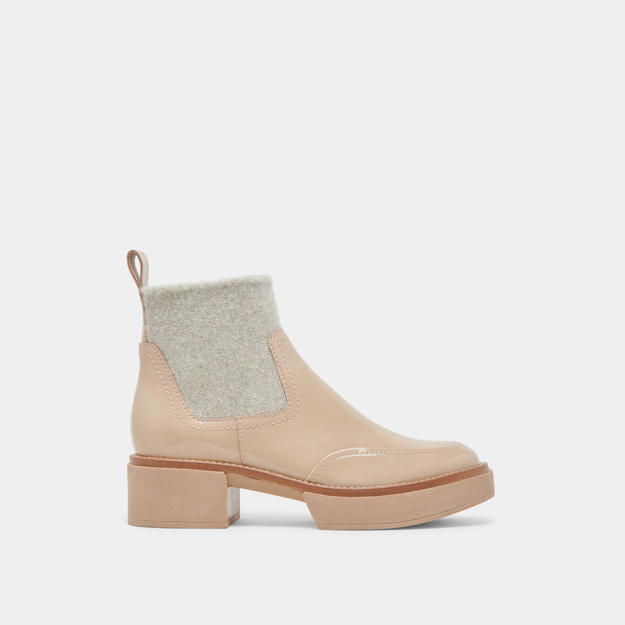 Purpose-First Outfit Balanced Design Saline H2O Wide Booties Dune Crinkle Patent