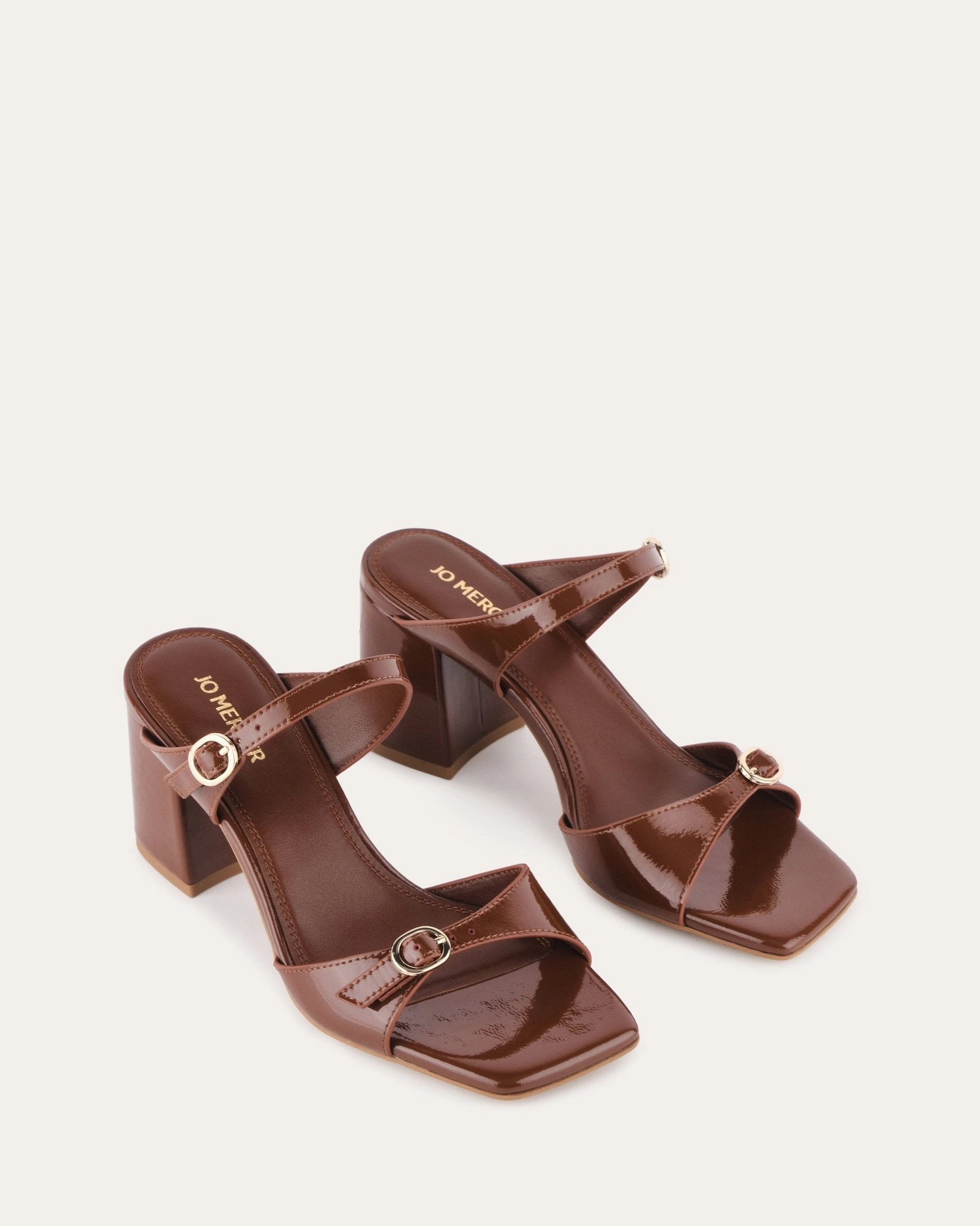 Clean Aesthetic Spencer Mid Heel Sandals Chestnut Patent