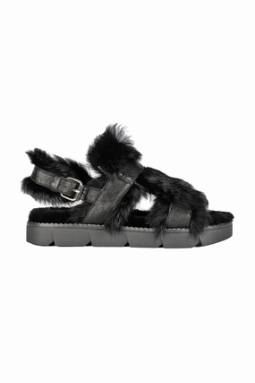 Designed With Flow Leather Vegetal Wash Sandal With Fur In Nero