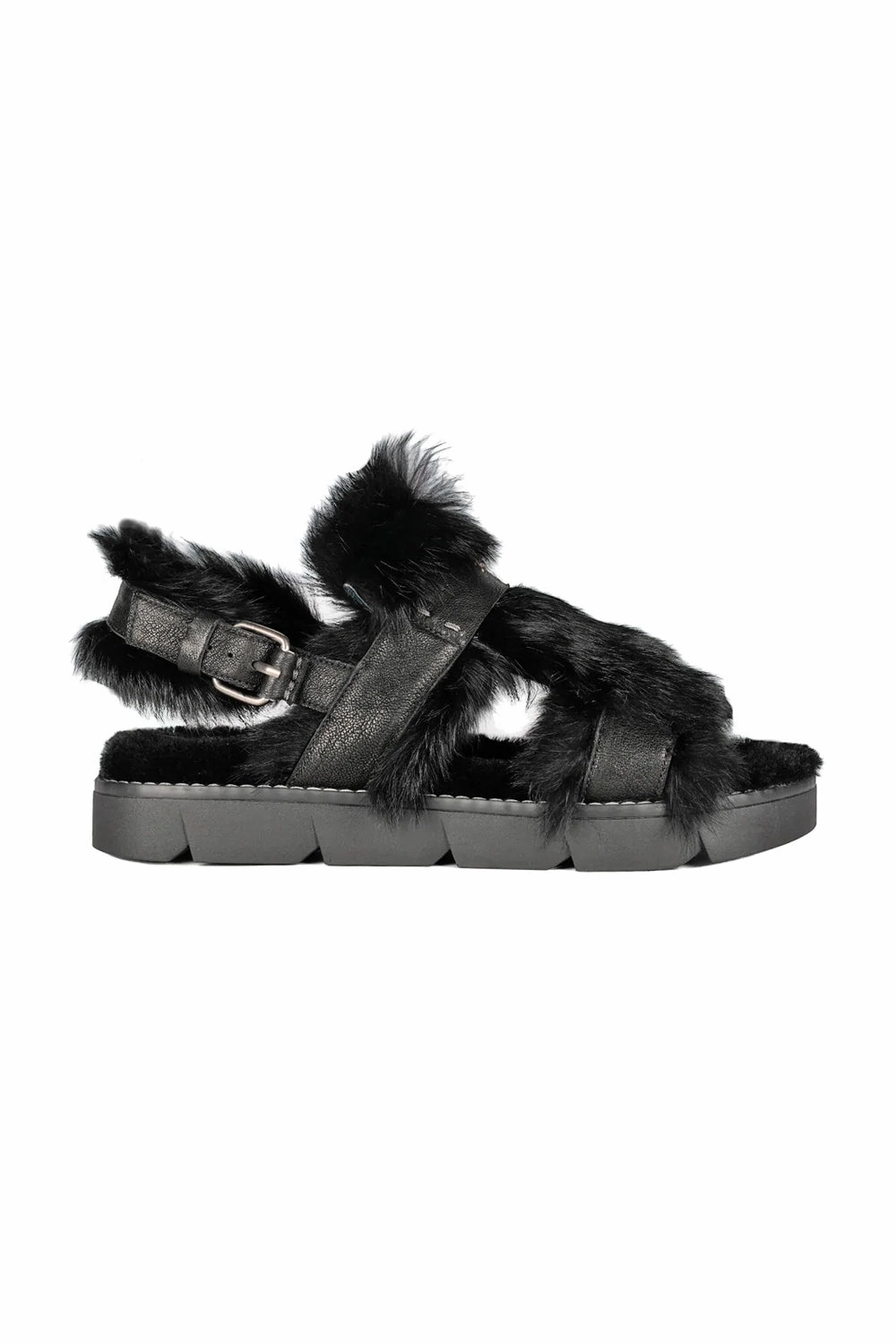 Designed With Flow Leather Vegetal Wash Sandal With Fur In Nero