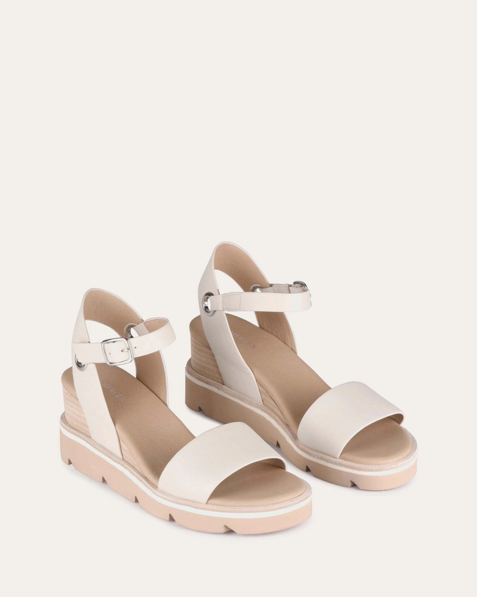 Katie Mid Heel Wedge Sandals Bone Leather Flexible Form Multi-Context Fit