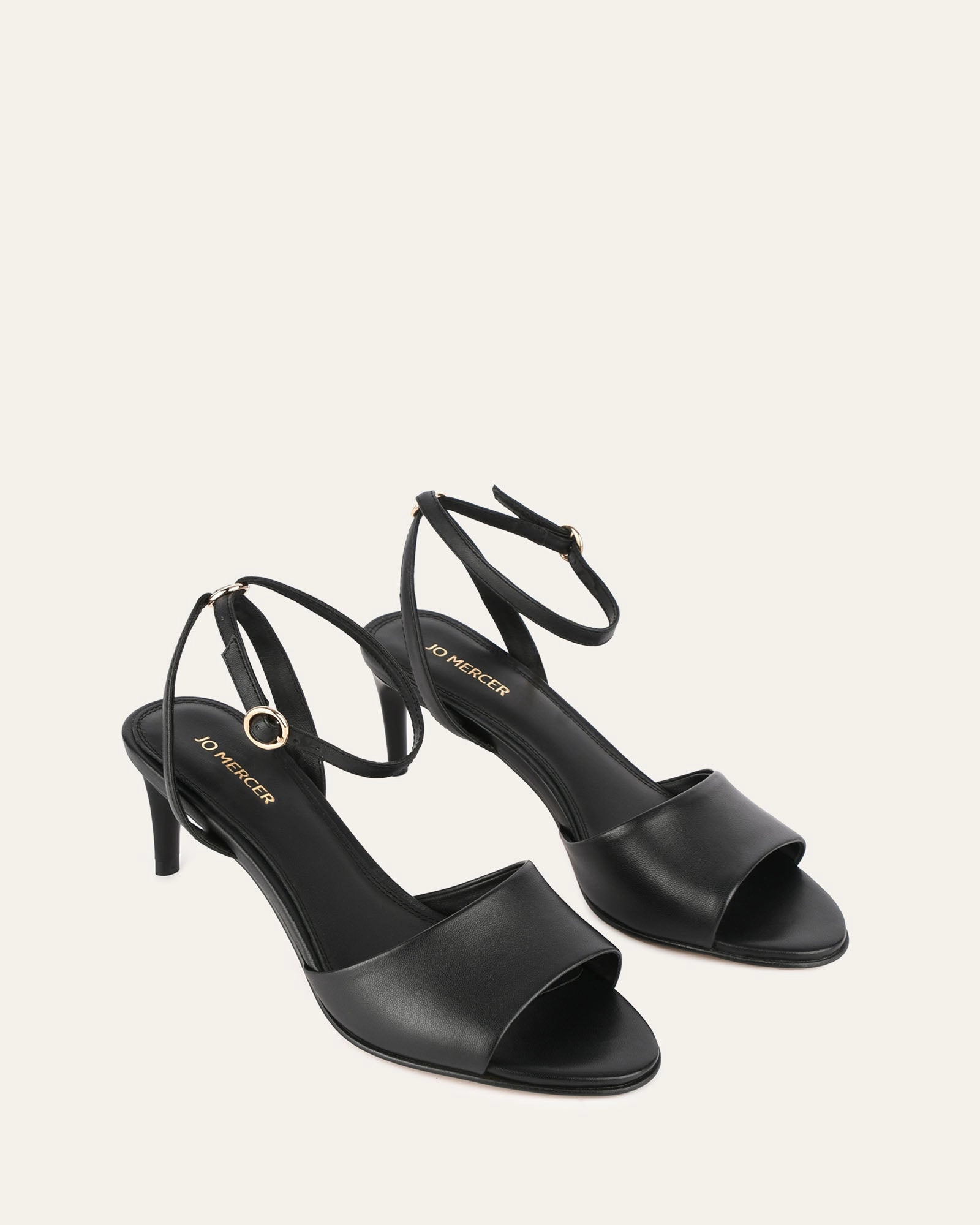 Tanya Mid Heel Sandals Black Leather Bold Minimal