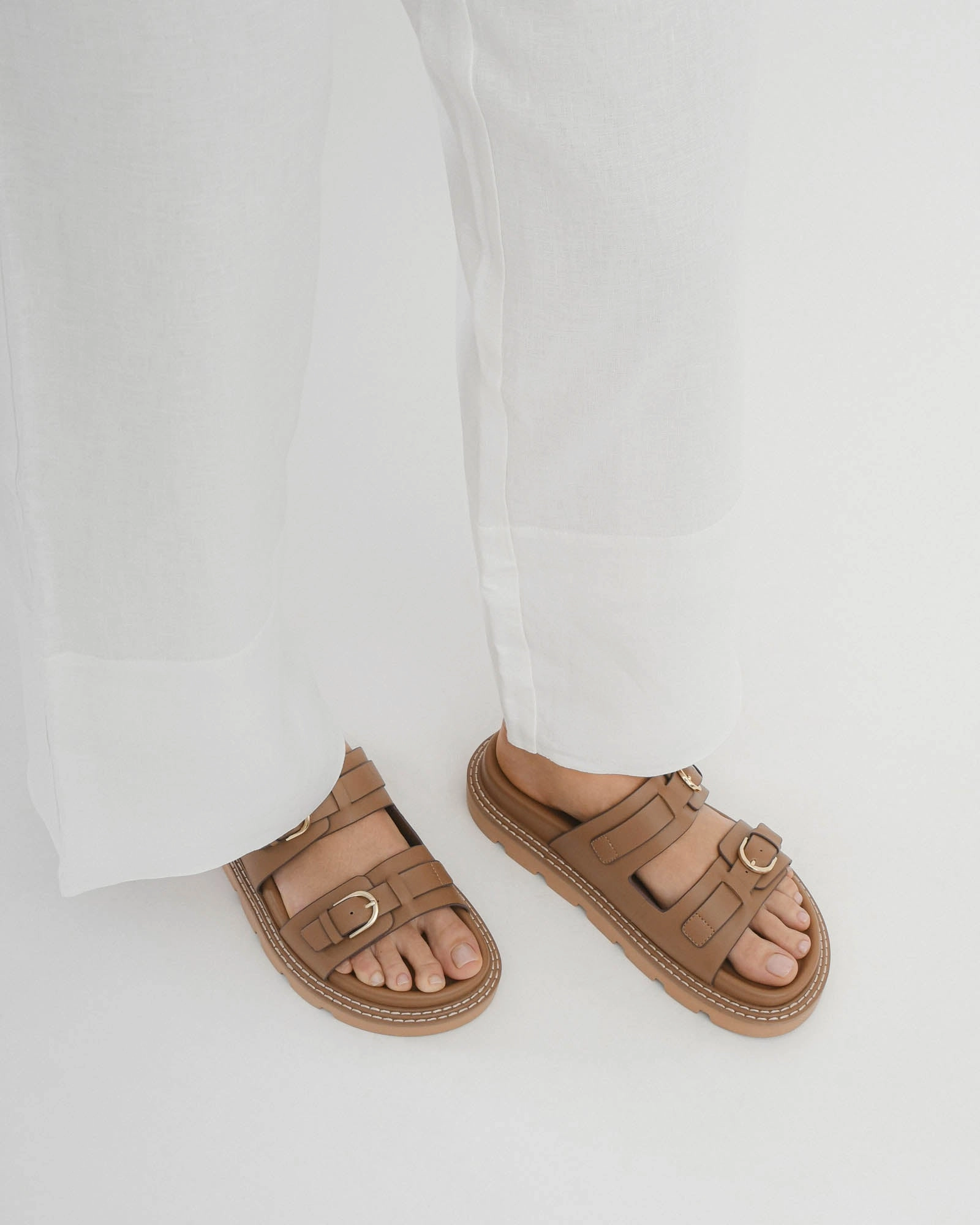 Modern Evolution Vichy Flat Sandals Tan Leather