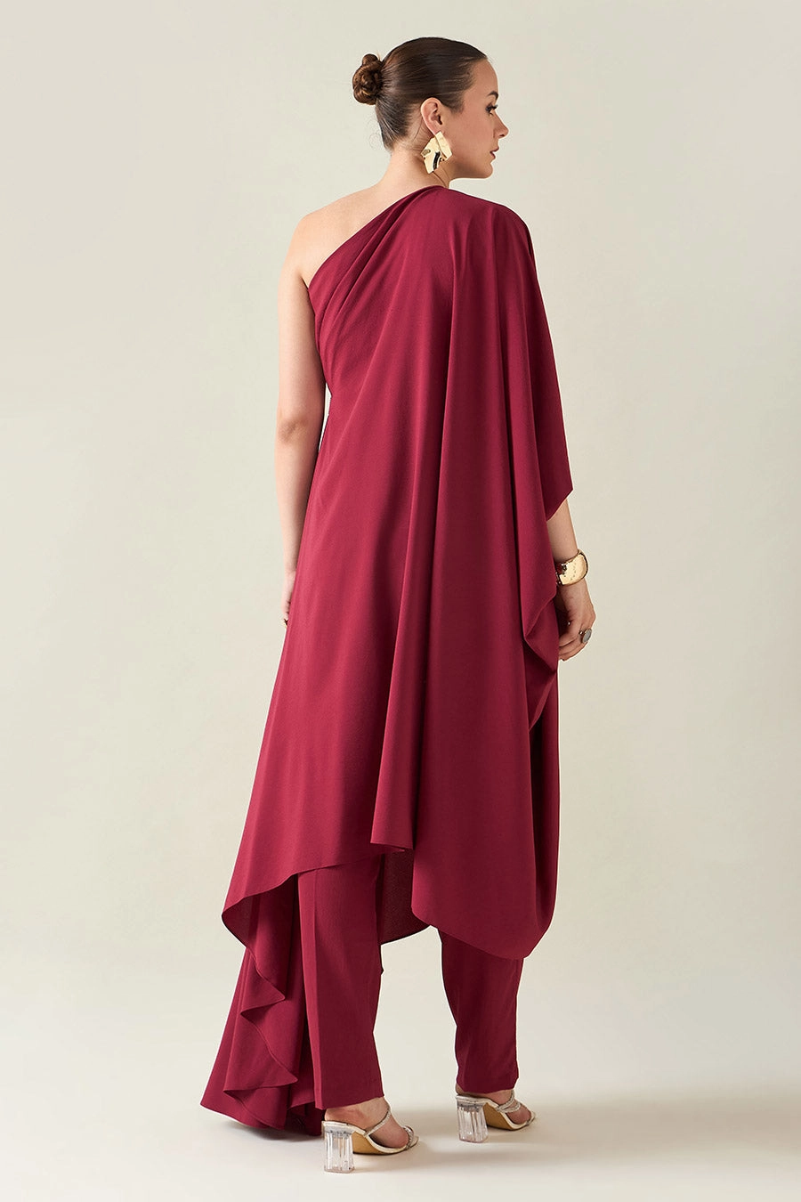 Wine Metallic Embellished Draped Tunic Co-Ord Set